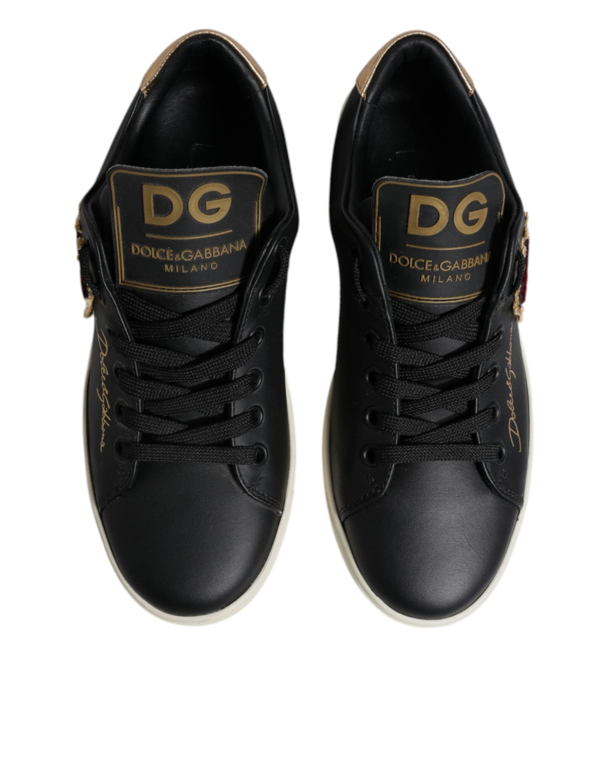 Dolce & Gabbana Black Leather Gold Red Heart Sneakers Shoes -   -  Dolce & Gabbana. Dolce & Gabbana Black Leather Gold Red Heart Sneakers Shoes -   -  Dolce & Gabbana.