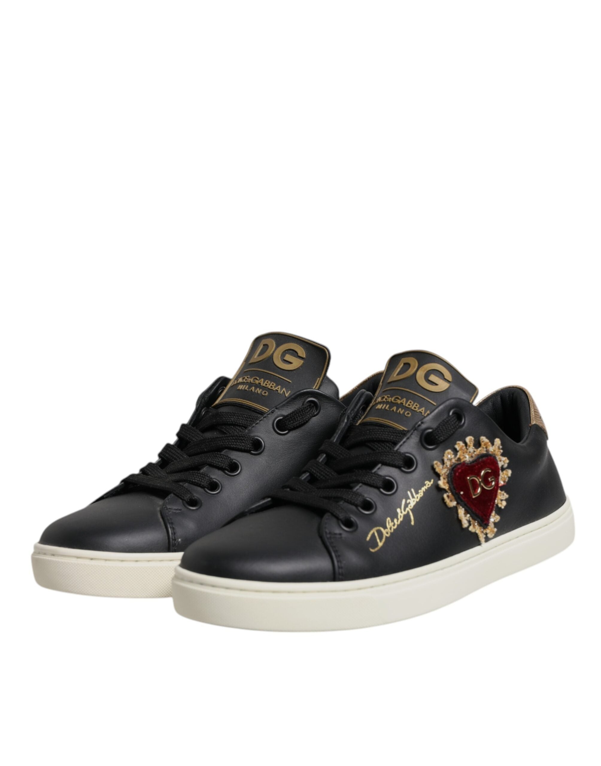 Dolce & Gabbana Black Leather Gold Red Heart Sneakers Shoes -   -  Dolce & Gabbana. Dolce & Gabbana Black Leather Gold Red Heart Sneakers Shoes -   -  Dolce & Gabbana.