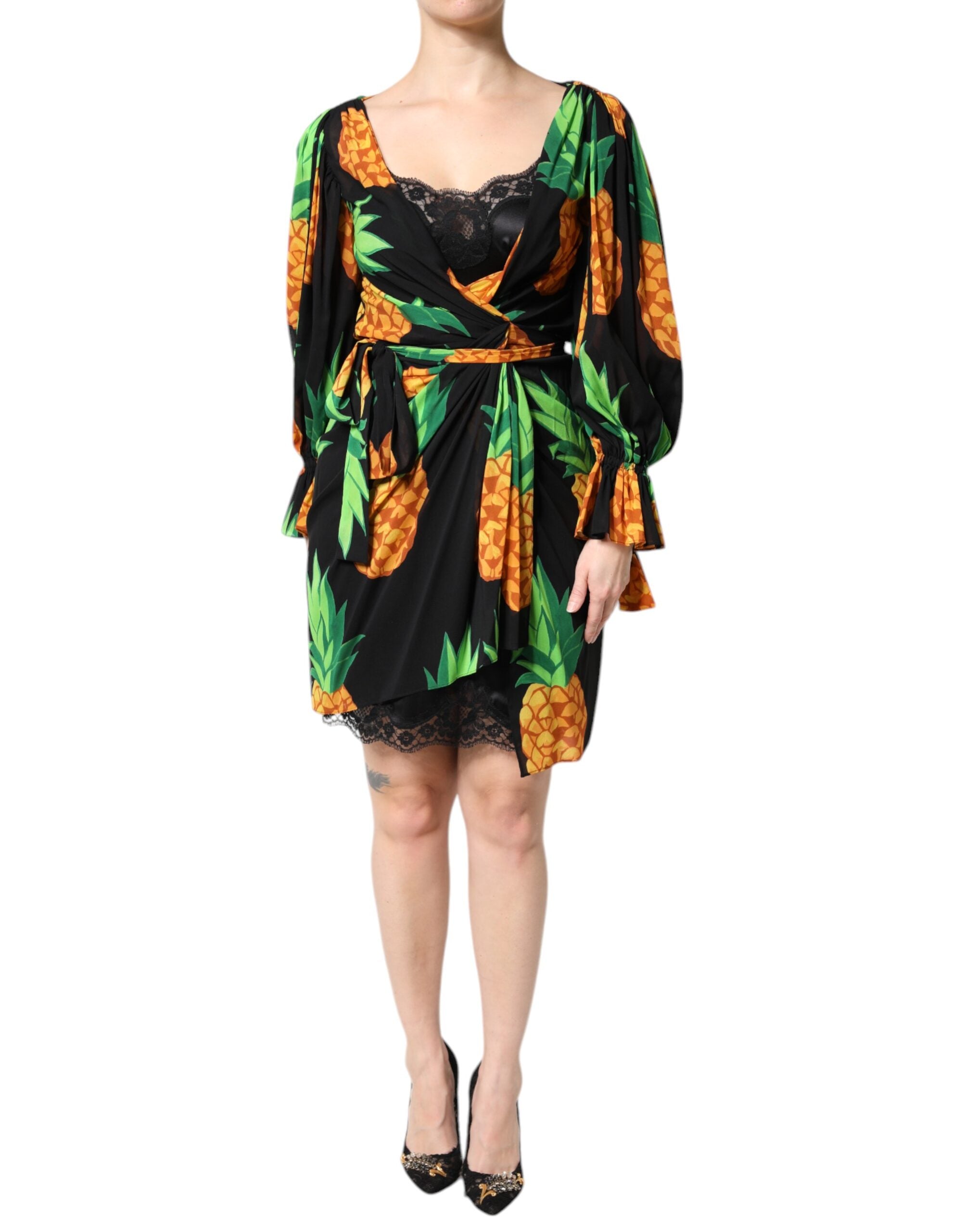 Dolce & Gabbana Black Silk Pineapple Draped Print Wrap Dress -   -  Dolce & Gabbana.