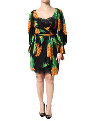 Dolce & Gabbana Black Silk Pineapple Draped Print Wrap Dress -   -  Dolce & Gabbana.