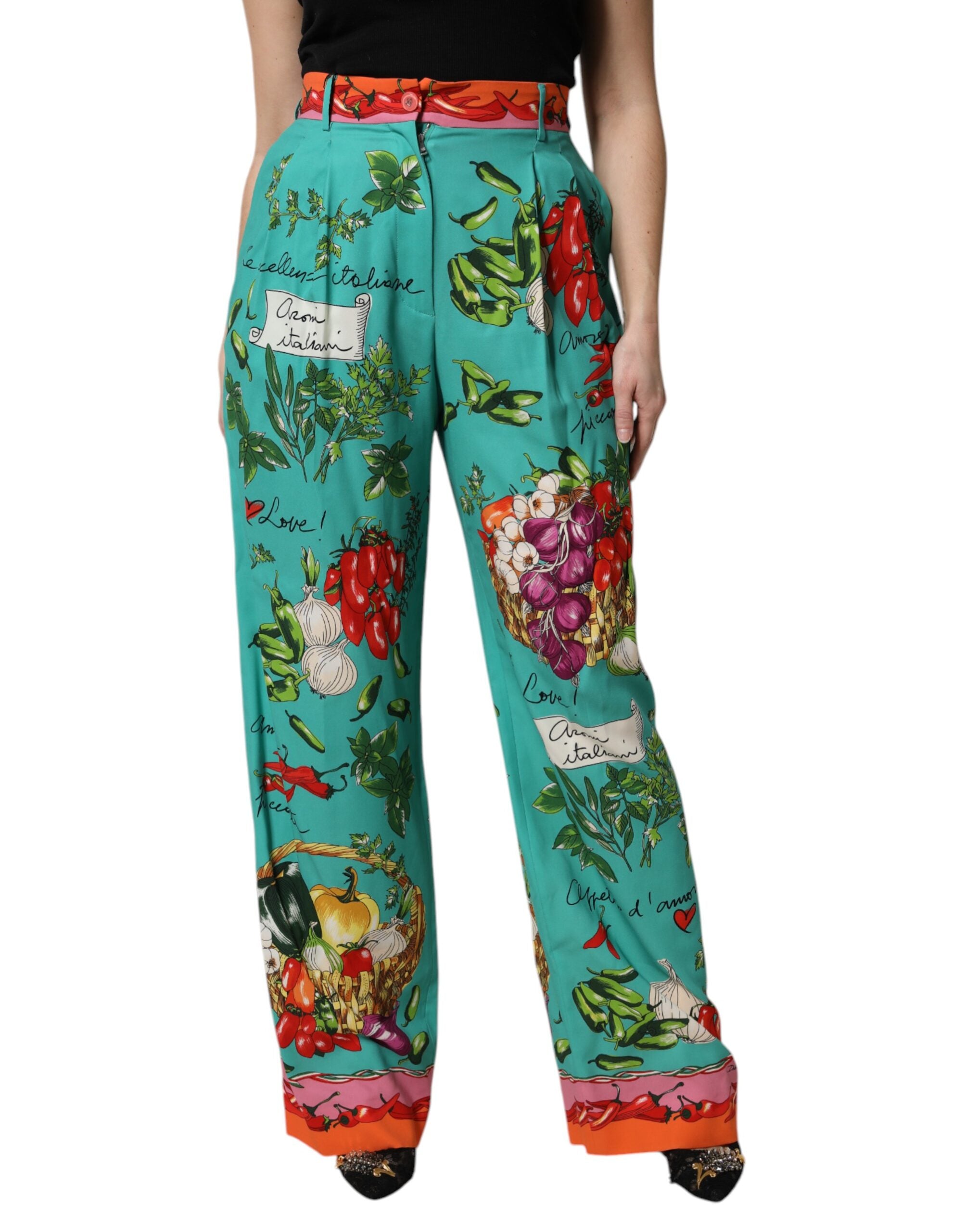 Dolce & Gabbana Green Silk Printed Straight Pants -   -  Dolce & Gabbana.