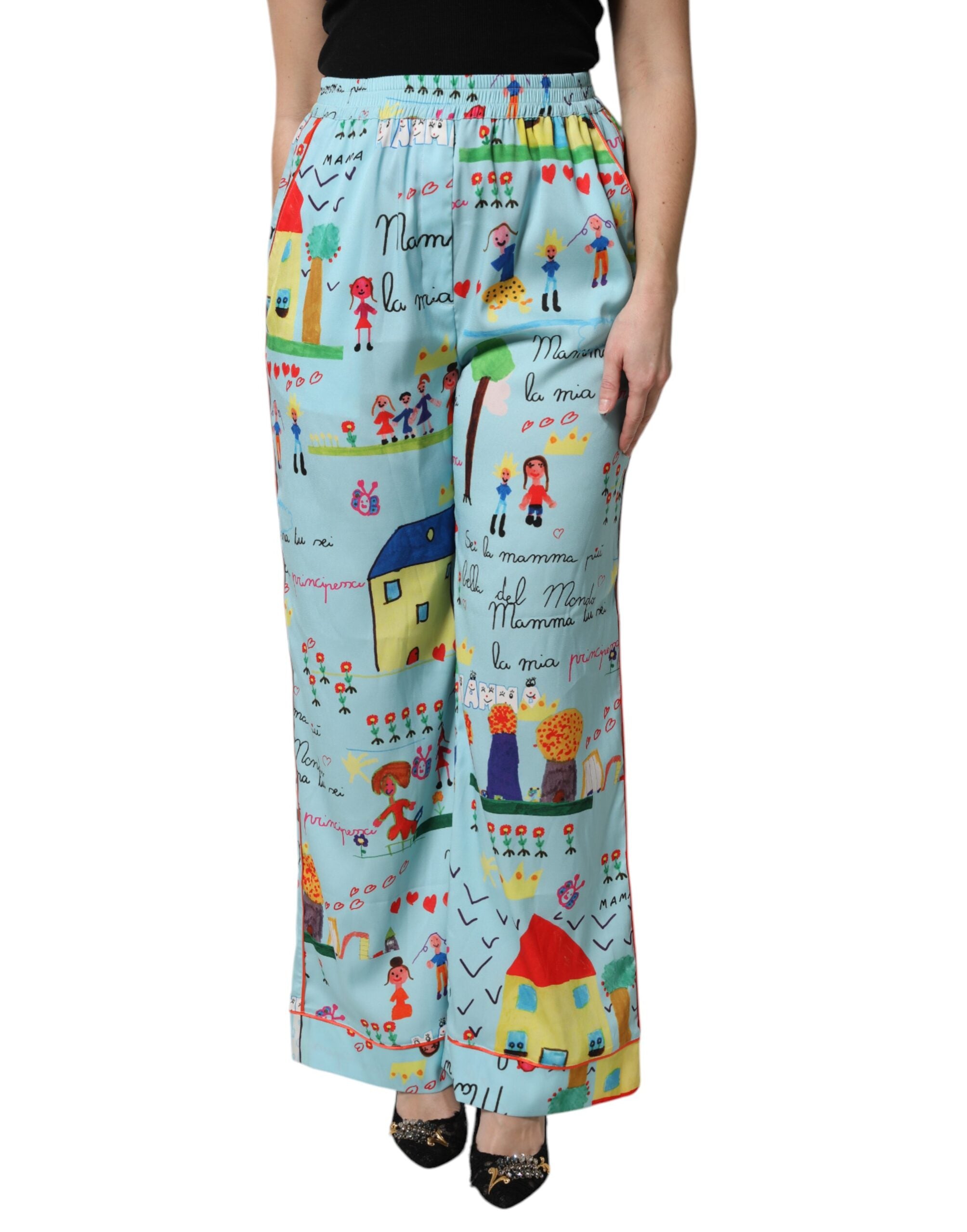 Dolce & Gabbana Light Blue Drawing Mid Waist Wide Leg Pants -   -  Dolce & Gabbana.