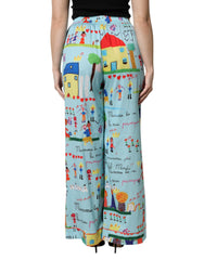 Dolce & Gabbana Light Blue Drawing Mid Waist Wide Leg Pants -   -  Dolce & Gabbana.