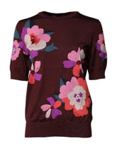 Dolce & Gabbana Maroon Floral Silk Crew Neck Blouse Top -   -  Dolce & Gabbana.