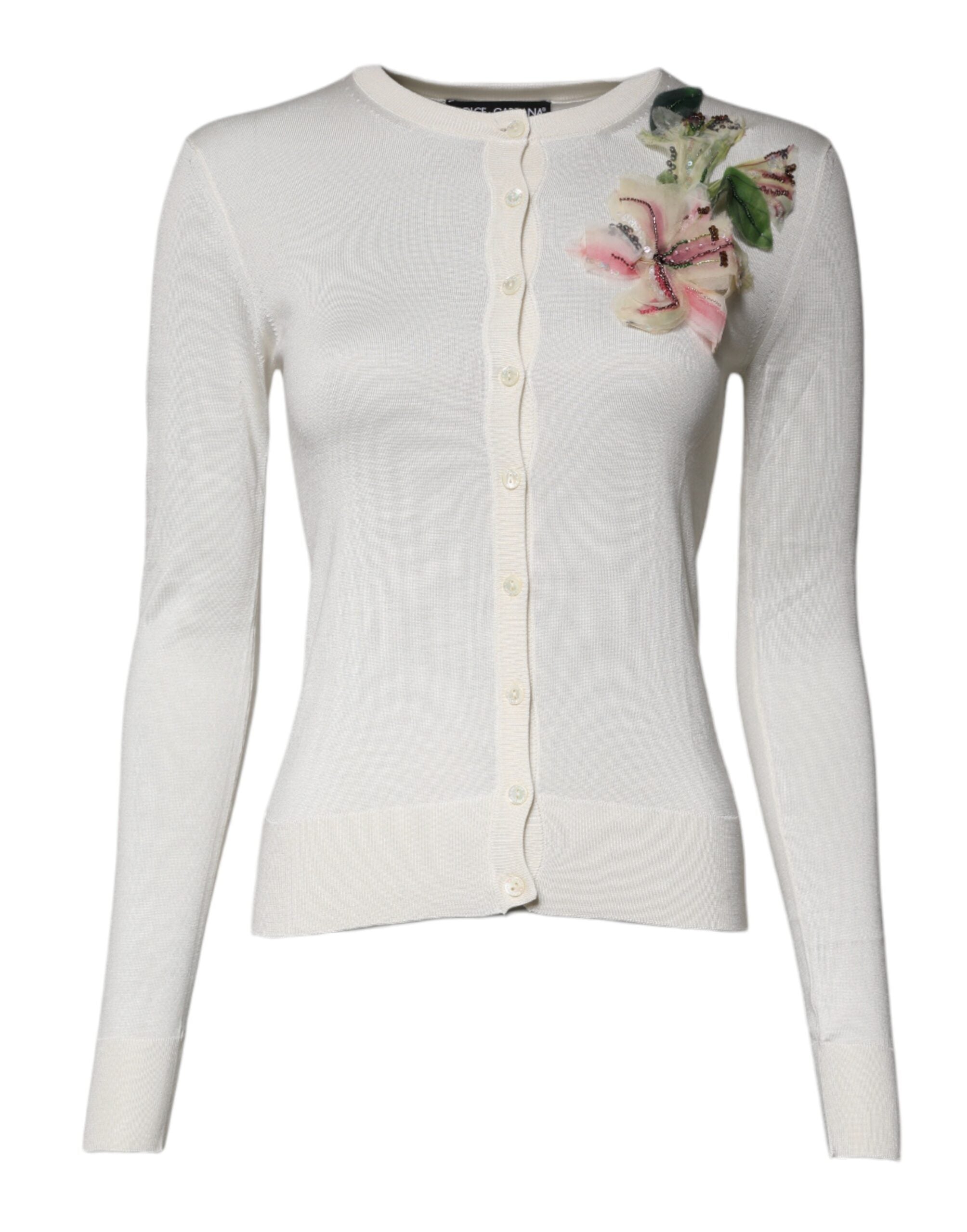 Dolce & Gabbana Cream Floral Silk Embellished Cardigan Sweater -   -  Dolce & Gabbana. Dolce & Gabbana Cream Floral Silk Embellished Cardigan Sweater -   -  Dolce & Gabbana.