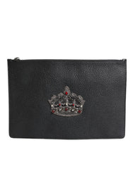 Dolce & Gabbana Black Calfskin Crown Embellished Clutch Pouch Bag -   -  Dolce & Gabbana.