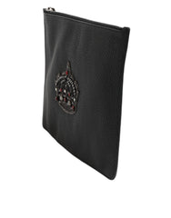 Dolce & Gabbana Black Calfskin Crown Embellished Clutch Pouch Bag -   -  Dolce & Gabbana.
