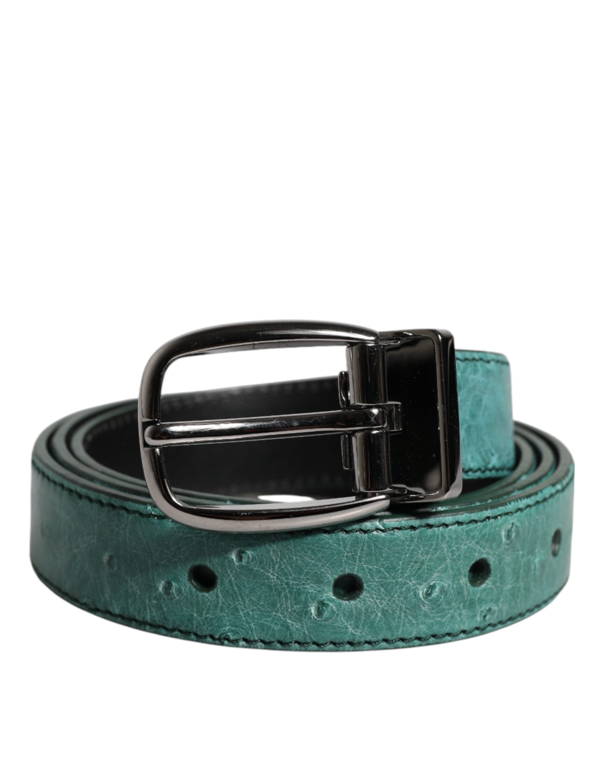 Dolce & Gabbana Green Ostrich Leather Silver Metal Buckle Belt -   -  Dolce & Gabbana.