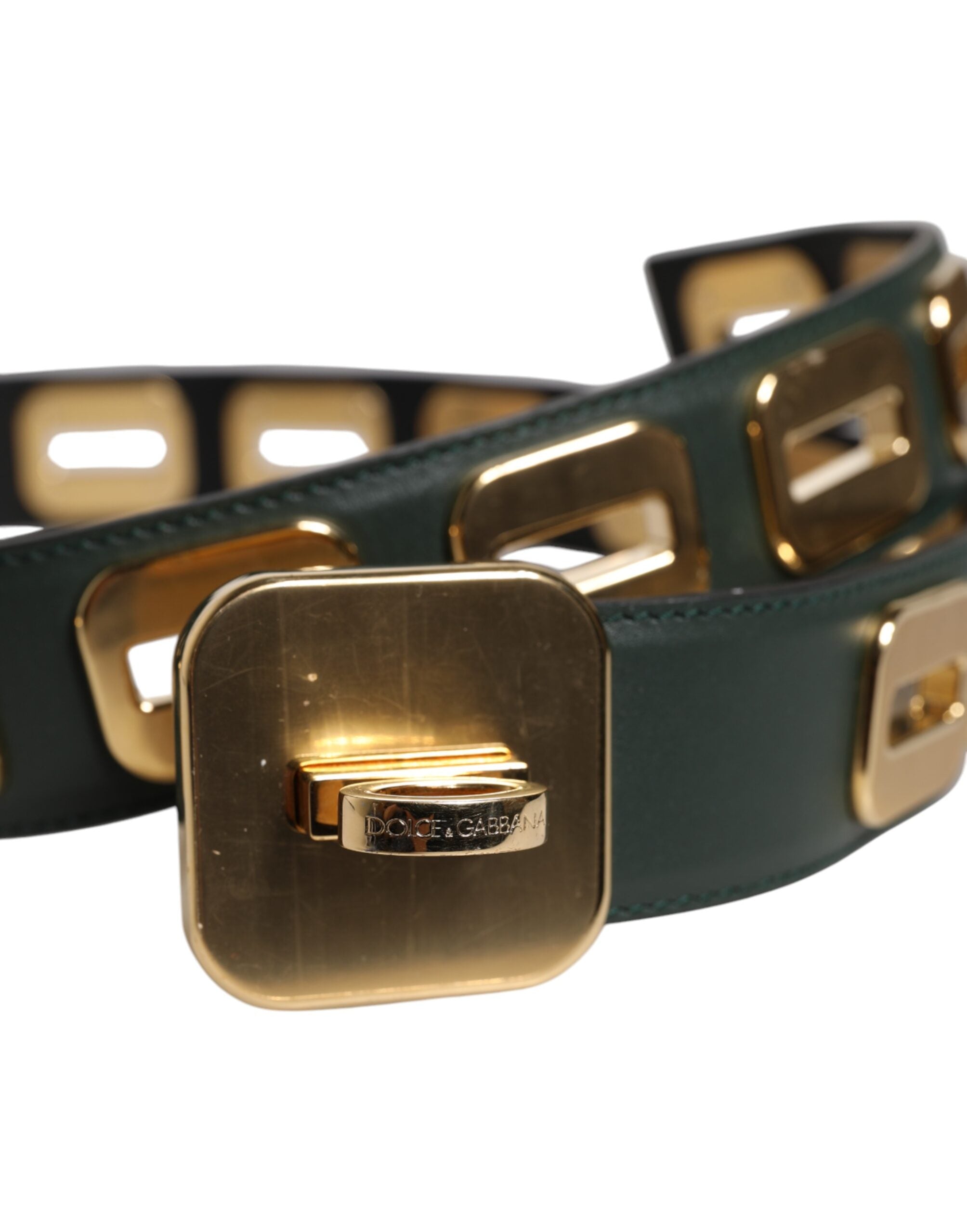 Dolce & Gabbana Green Leather Gold Tone Rotating Buckle Belt -   -  Dolce & Gabbana. Dolce & Gabbana Green Leather Gold Tone Rotating Buckle Belt -   -  Dolce & Gabbana.