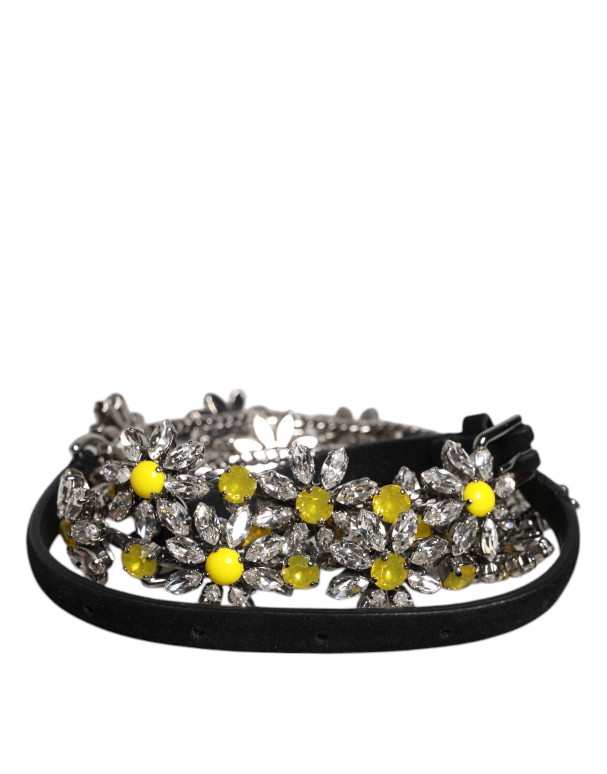 Dolce & Gabbana Black Leather Daisy Crystal Embellish Waist Belt -   -  Dolce & Gabbana.
