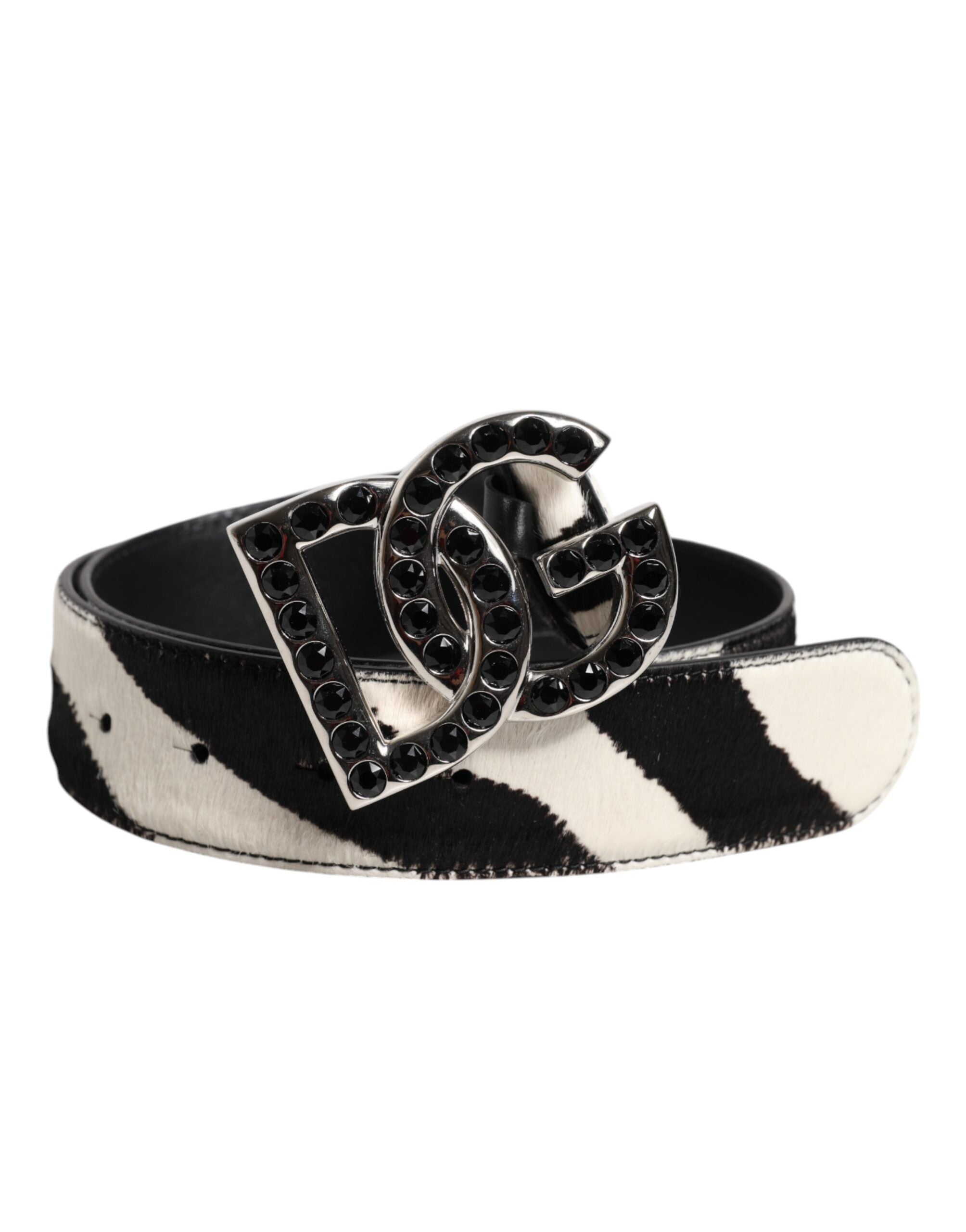 Dolce & Gabbana White Black Leather Zebra DG Crystal Buckle Belt -   -  Dolce & Gabbana.