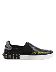 Dolce & Gabbana Black Leather Studded Graffiti Sneakers Shoes -   -  Dolce & Gabbana.