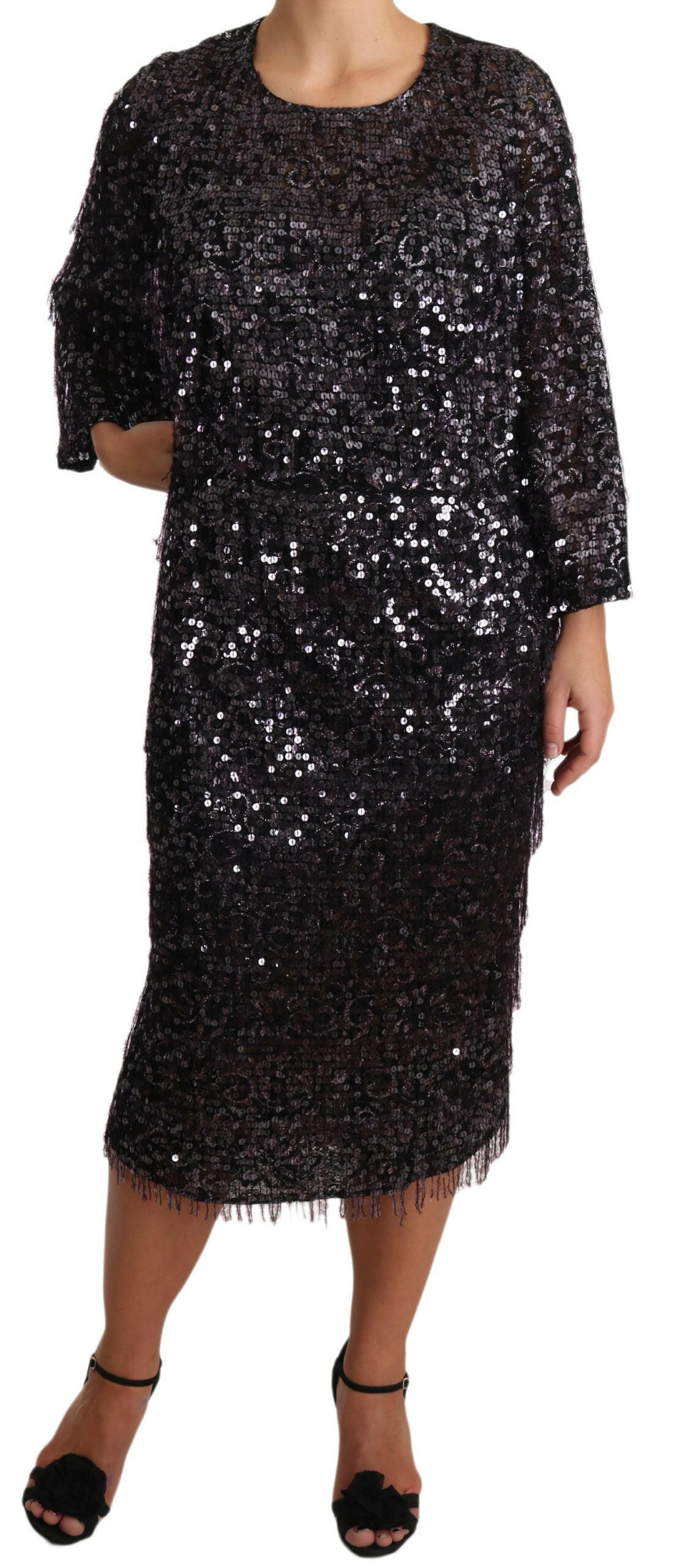 Dolce & Gabbana Black Sequined Long Sleeve Shift Midi Dress -   -  Dolce & Gabbana.