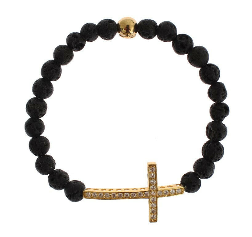Nialaya Lava Stone Gold Clear CZ Cross 925 Silver Bracelet -   -  Nialaya.
