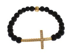 Nialaya Lava Stone Gold Clear CZ Cross 925 Silver Bracelet -   -  Nialaya.