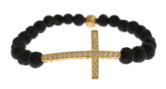 Nialaya Lava Stone Gold Clear CZ Cross 925 Silver Bracelet -   -  Nialaya.