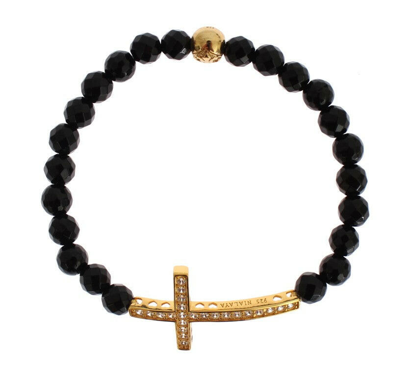 Nialaya Agate Stone Gold CZ Cross 925 Silver Bracelet -   -  Nialaya.