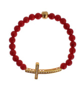 Nialaya Red Coral Gold CZ Cross 925 Silver Bracelet -   -  Nialaya.