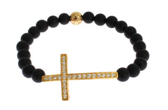 Nialaya Matte Onyx Stone Gold CZ Cross 925 Silver Bracelet -   -  Nialaya.