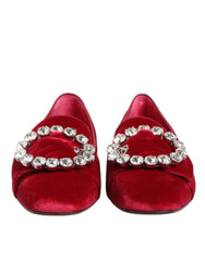 Dolce & Gabbana Red Velvet Crystal Buckle Loafers Flats Shoes - - Dolce & Gabbana.
