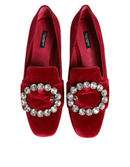 Dolce & Gabbana Red Velvet Crystal Buckle Loafers Flats Shoes - - Dolce & Gabbana.
