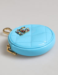 Dolce & Gabbana Azure Blue Leather Round Coin Purse Keychain Crystal Logo Wallet - - Dolce & Gabbana.