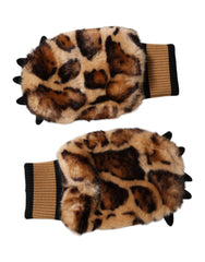 Brown Leopard Knitted Fur Wrist Mitten Gloves