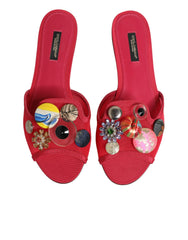 Red Embellished Flats Slip On Sandals Shoes