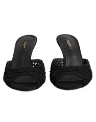 Black Embroidered Slip On Heels Slides Shoes