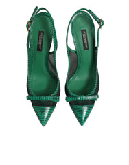 Green Leather Mesh Heels Slingback Shoes