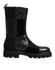 Black Patchwork Leather Mid Calf Boot Shoes