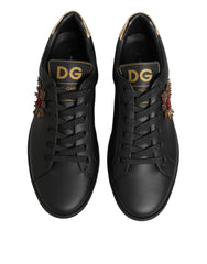 Black Leather Heart Embellished Sneakers Shoes