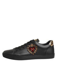 Black Leather Heart Embellished Sneakers Shoes