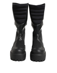 Black Leather Mid Calf Biker Boots Shoes