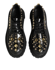 Black Leather Jeweled Crystals Derby Shoes