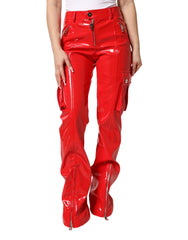 Red Glossy Polyester Cargo Boot Cut Pants
