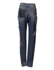 Blue Cotton Rhinestone Embellish Denim Jeans