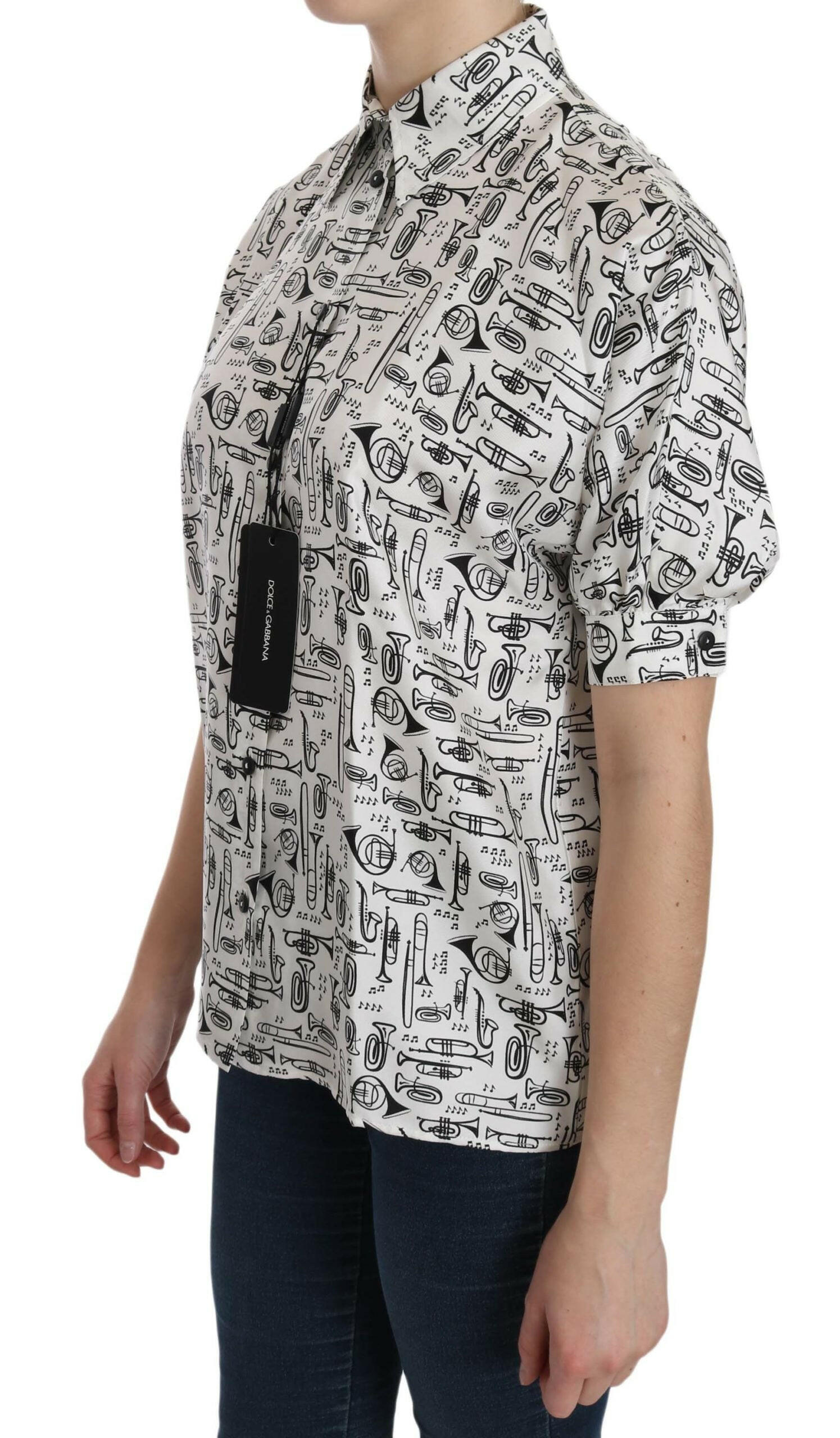 Dolce & Gabbana White Musical Instrument Collared Blouse  Shirt -   -  Dolce & Gabbana.
