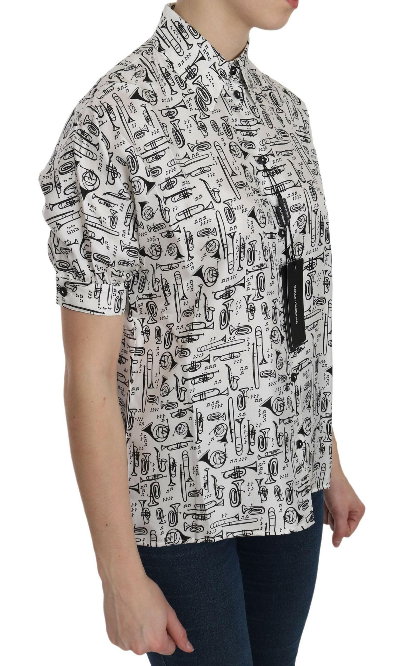 Dolce & Gabbana White Musical Instrument Collared Blouse  Shirt -   -  Dolce & Gabbana.