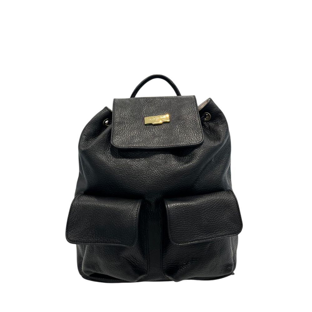 Baldinini Trend - Textured Cowhide Flap Backpack with Gold Hardware - Black