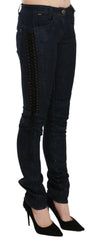 Just Cavalli Blue Low Waist Skinny Trousers Braided String Pants -   -  Just Cavalli.