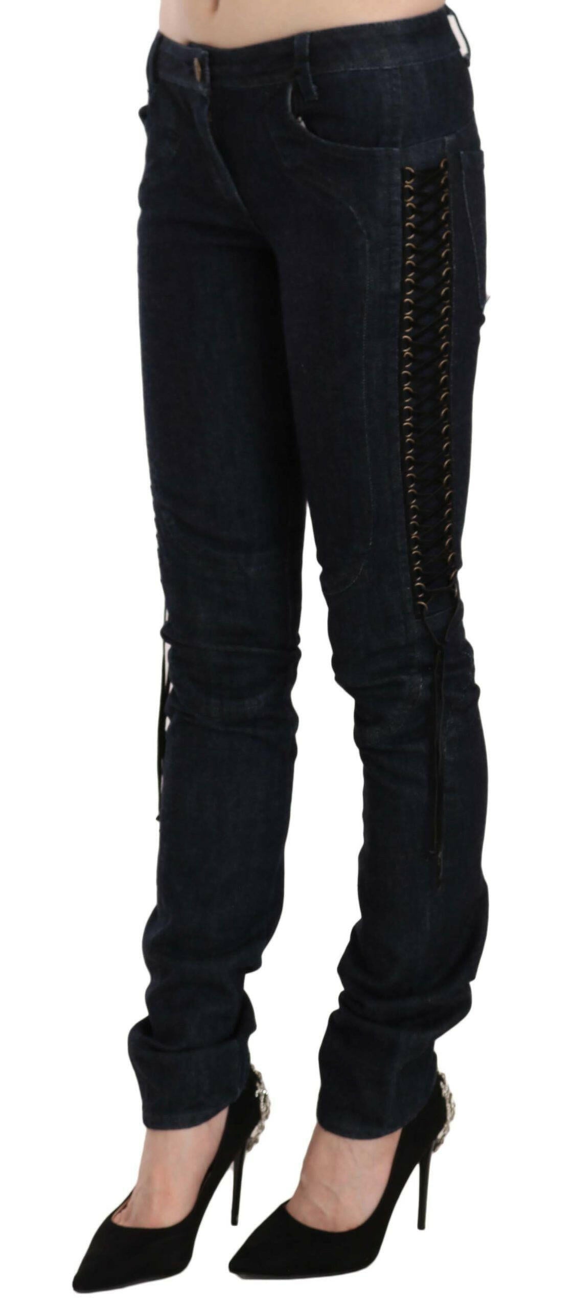 Just Cavalli Blue Low Waist Skinny Trousers Braided String Pants -   -  Just Cavalli.