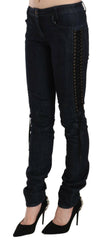 Just Cavalli Blue Low Waist Skinny Trousers Braided String Pants -   -  Just Cavalli.