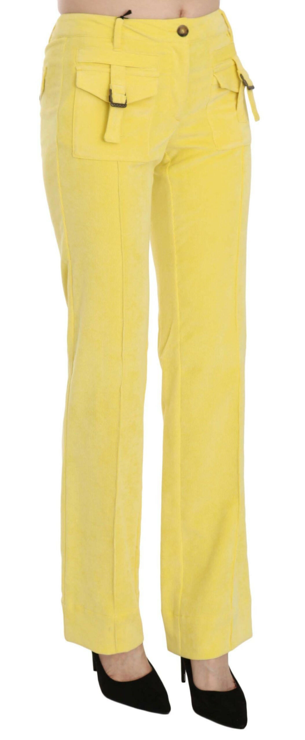 Just Cavalli Yellow Corduroy Mid Waist Straight Trousers Pants -   -  Just Cavalli.