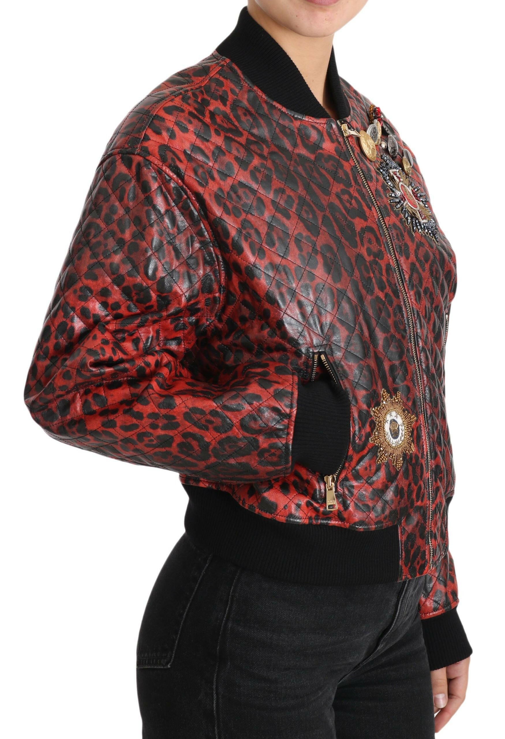 Dolce & Gabbana Red Leopard Button Crystal Leather Jacket -   -  Dolce & Gabbana.
