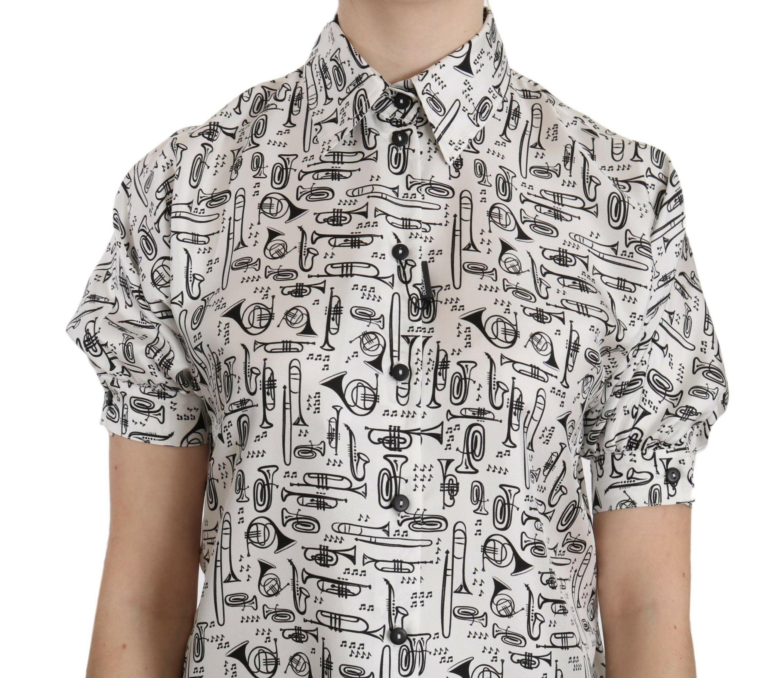 Dolce & Gabbana Trumpet Print Button Front Silk Top Blouse -   -  Dolce & Gabbana.