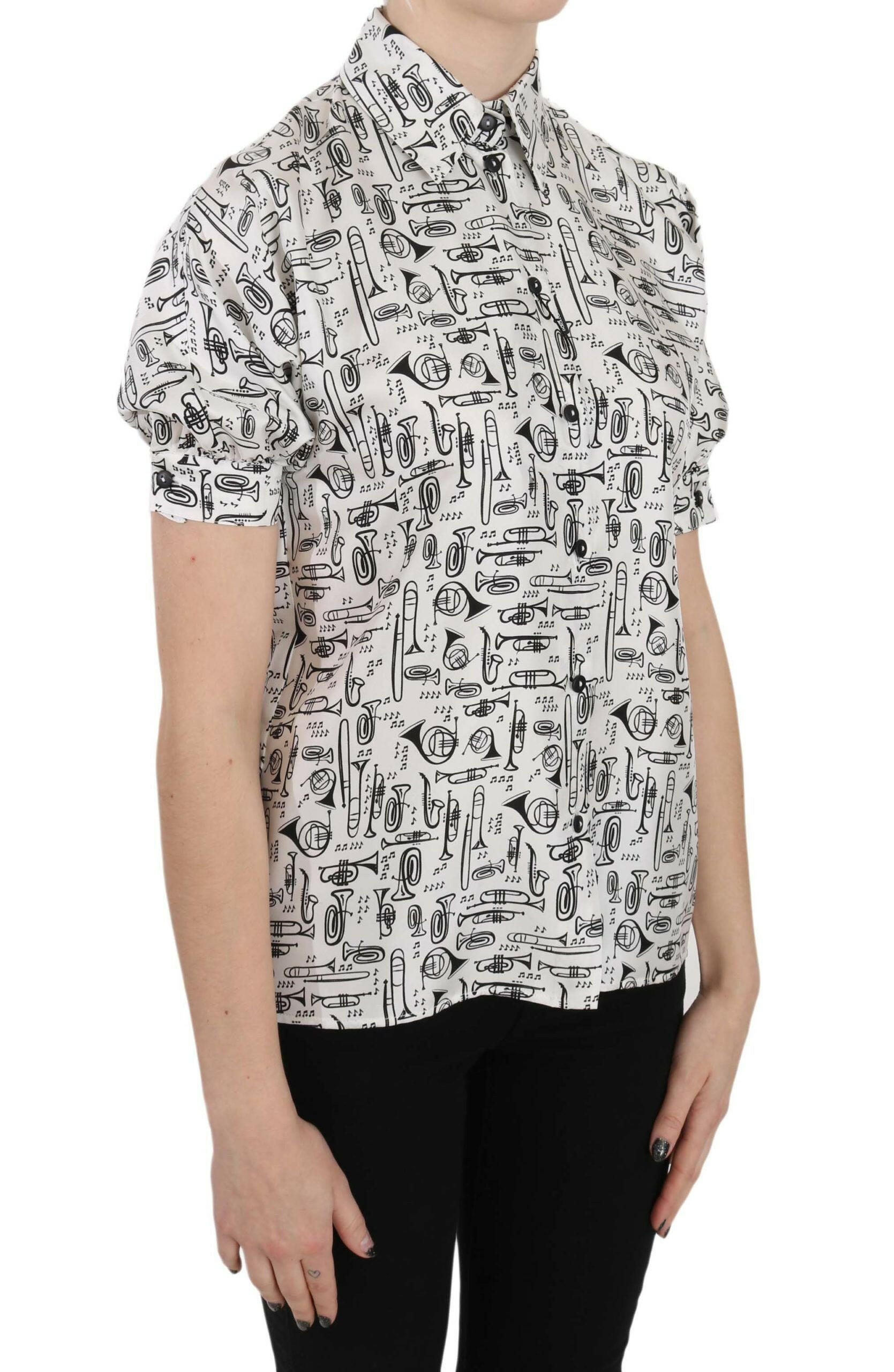 Dolce & Gabbana Trumpet Print Button Front Silk Top Blouse -   -  Dolce & Gabbana.