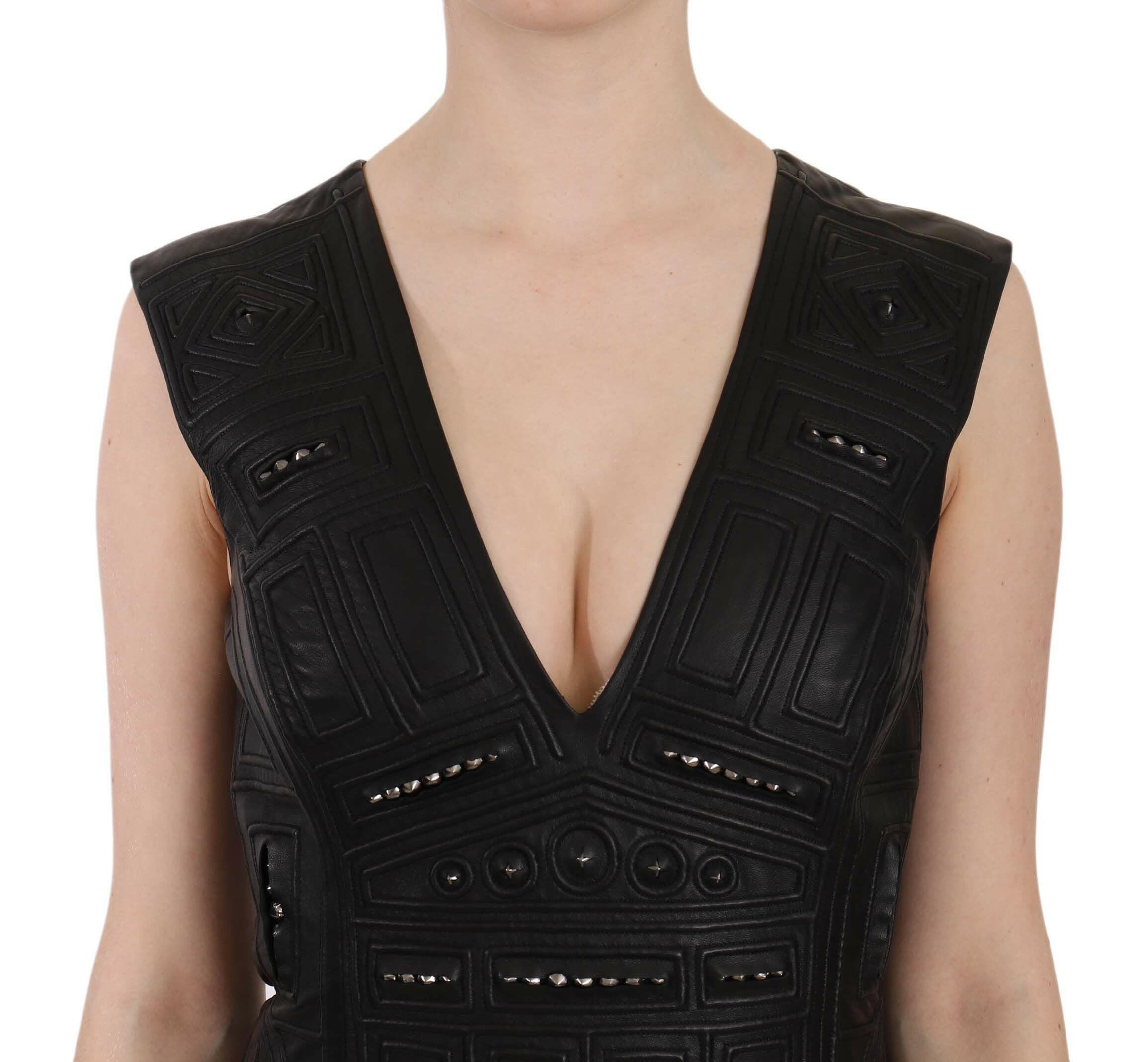 John Richmond Black Leather Studded Mini Shift Dress -   -  John Richmond.