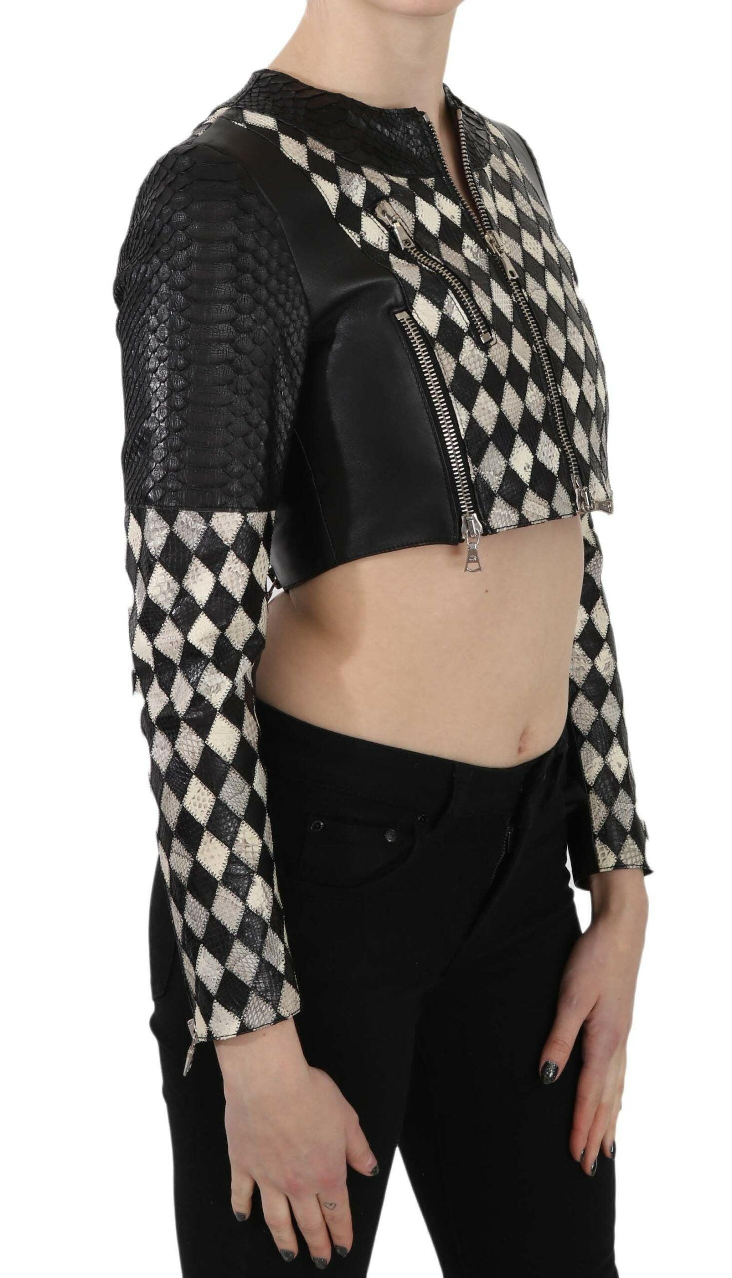 John Richmond Black White Leather Short Cropped Biker Jacket Coat -   -  John Richmond.