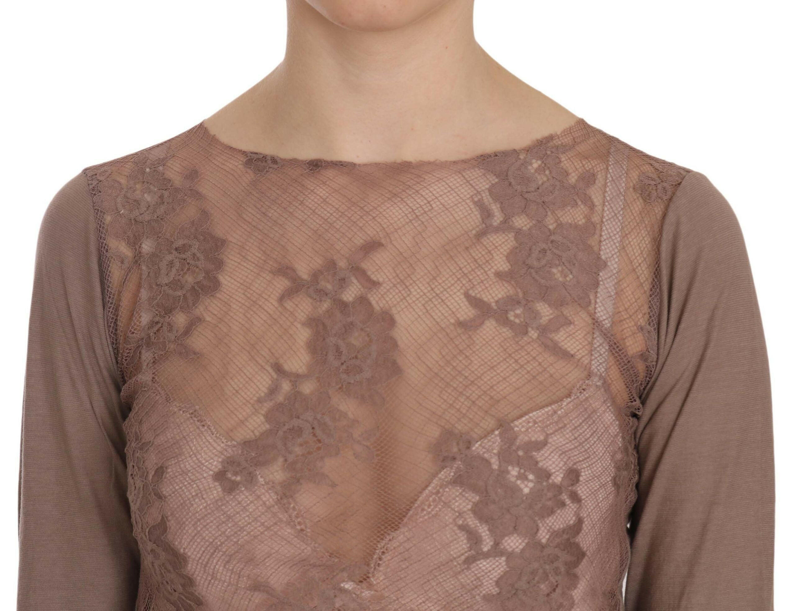 PINK MEMORIES Brown Lace See Through Long Sleeve Top -   -  PINK MEMORIES.